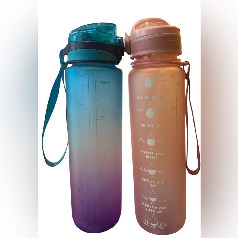 Set of two 32 oz Water Bottle with Time Marker, Carry Strap, LeakProof BPA-Free